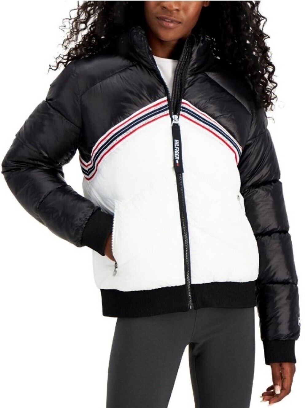 Tommy Hilfiger Sport Quilted Puffer Jacket Colorblock Stripe Black White Large